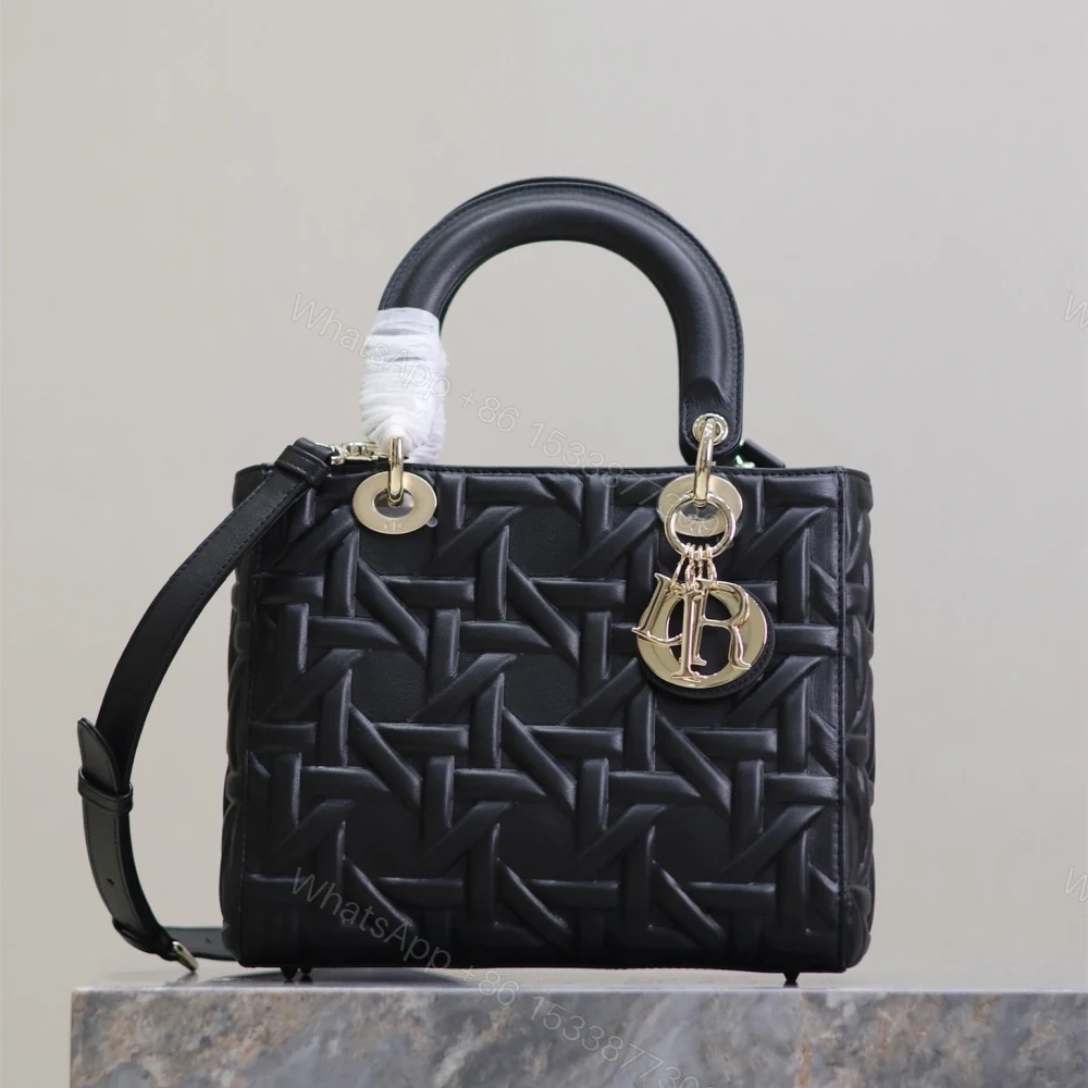 高仿Dior*Lady系列M0565M900壓花菱格手袋黑金中號免檢版 — view 1