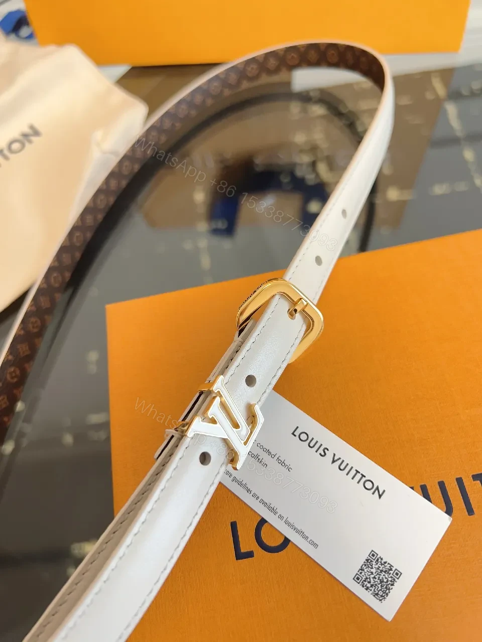 View 4 of Ivory Leather Belt with Gold Hardware – Classic Luxe Belt
