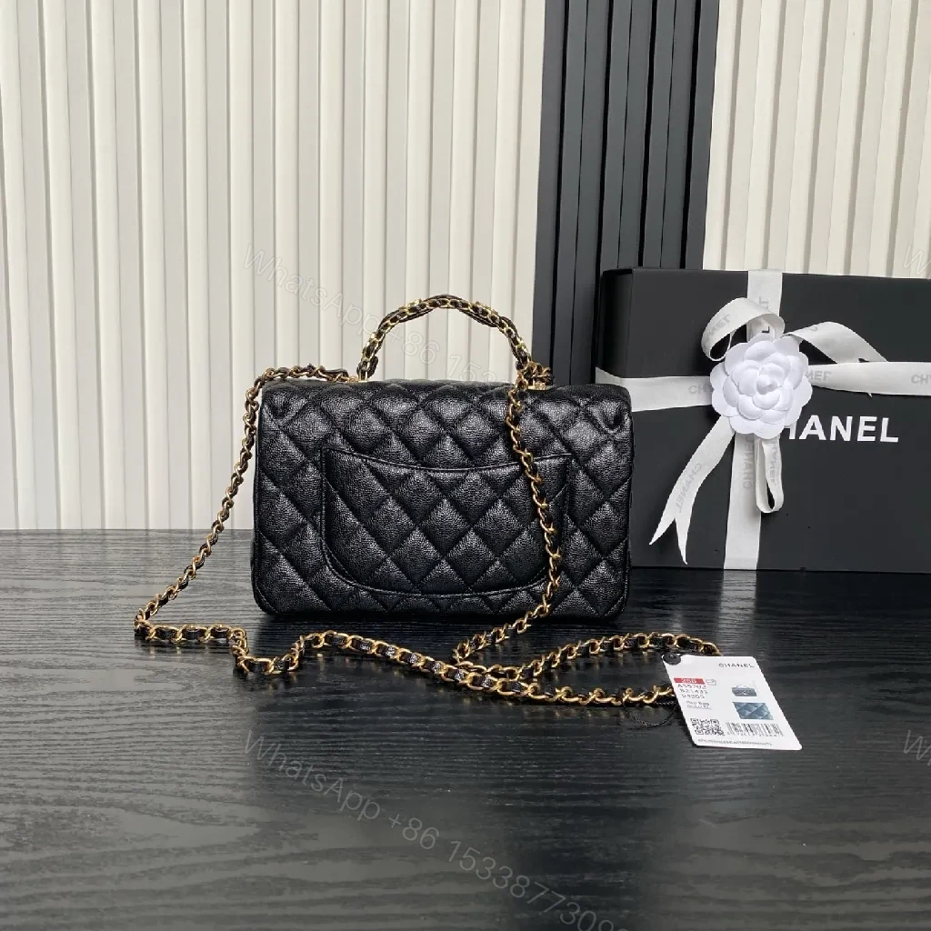 View 8 of Compact Quilted Lambskin Bag with Gold Chain, Evening-Ready