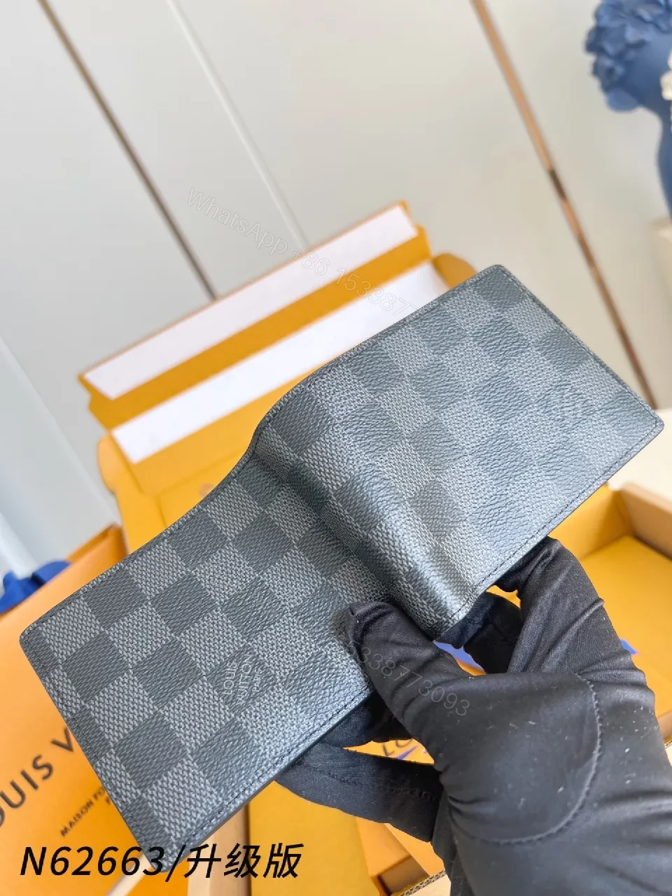 View 3 of Patterned Leather Wallet: Luxury Checkerboard, Slim Currency Holder