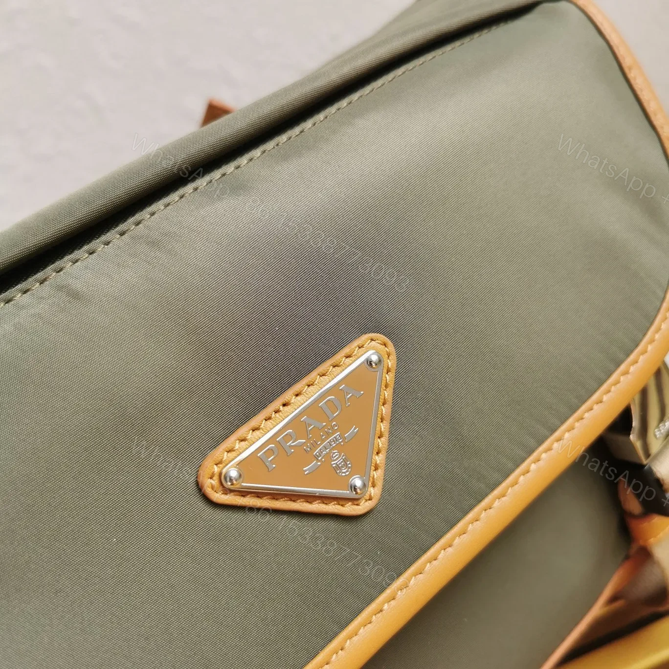 View 6 of MESSENGER BAG 20 IN KHAKI GREEN RE-NYLON AND BROWN CALFSKIN TRIM