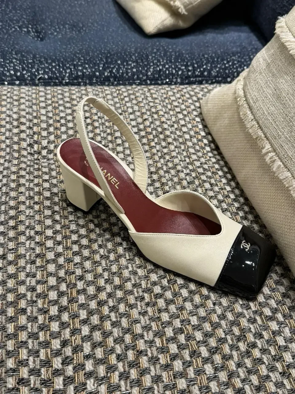 View 5 of Ivory & Black Cap-Toe Slingback Pump, Modern Block Heel