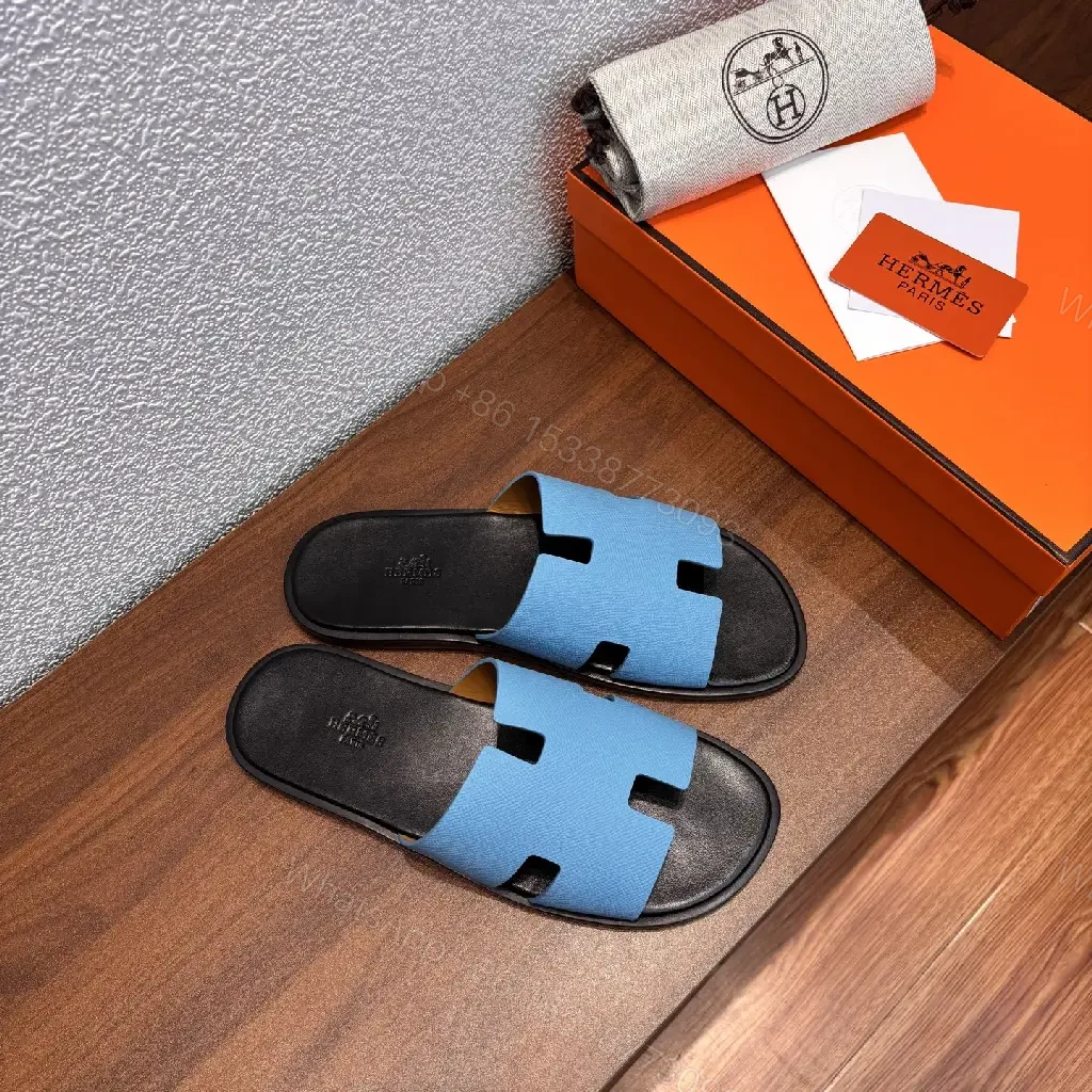 View 6 of Blue Leather Slide Sandals - Hermes Style, Comfortable Slip-ons