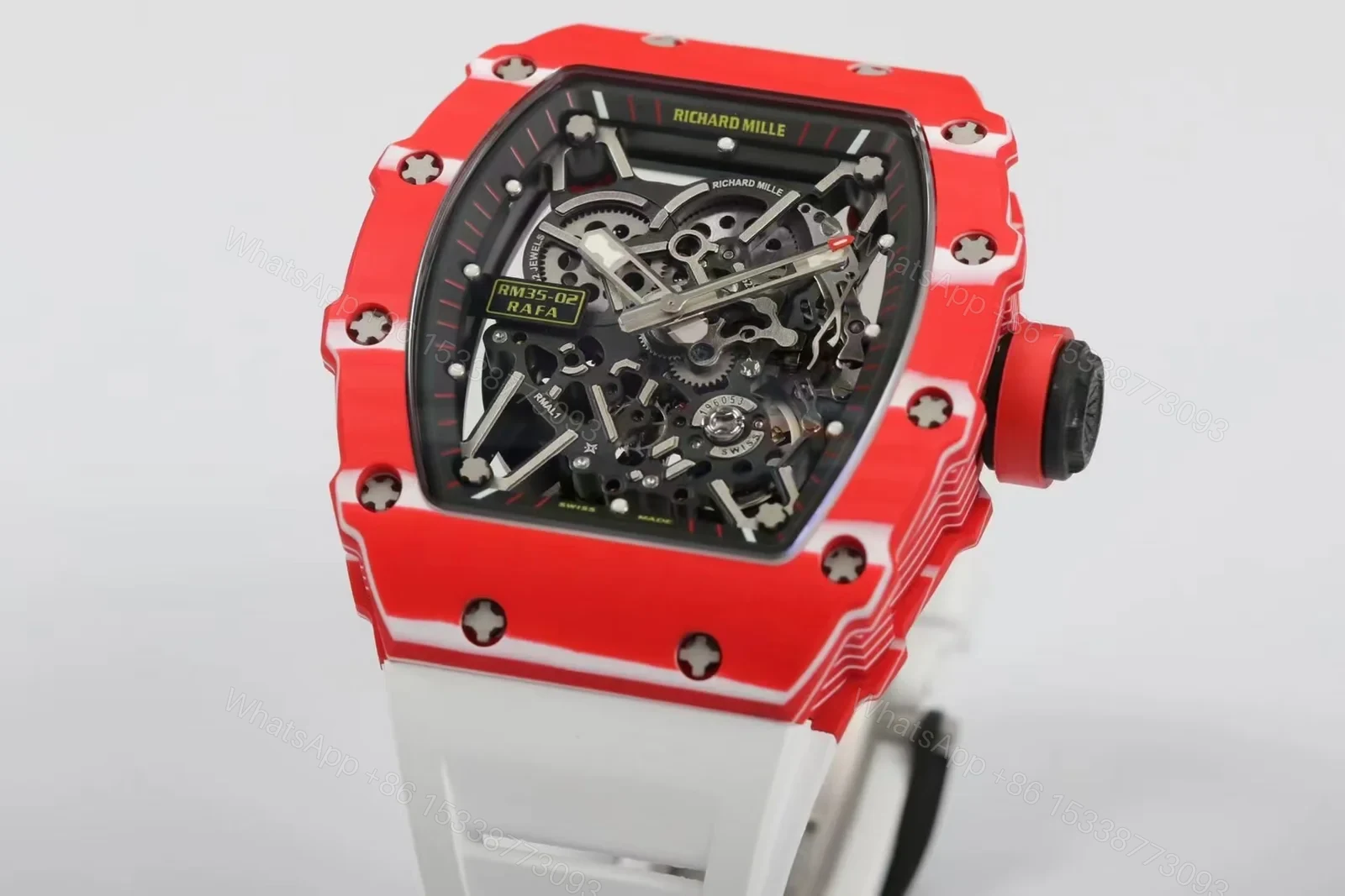 View 2 of Richard Mille RM35-02 Automatic Skeleton Watch Red Carbon Fiber Case White Strap RMAL1 Movement Premium Edition RM-RM35-02-RED-WHT-SKL