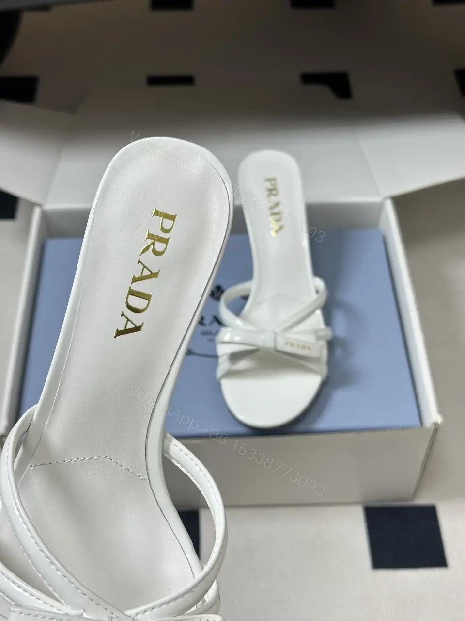 View 5 of White Leather Sandals Shoes with Knot Straps - Prada Style Heels
