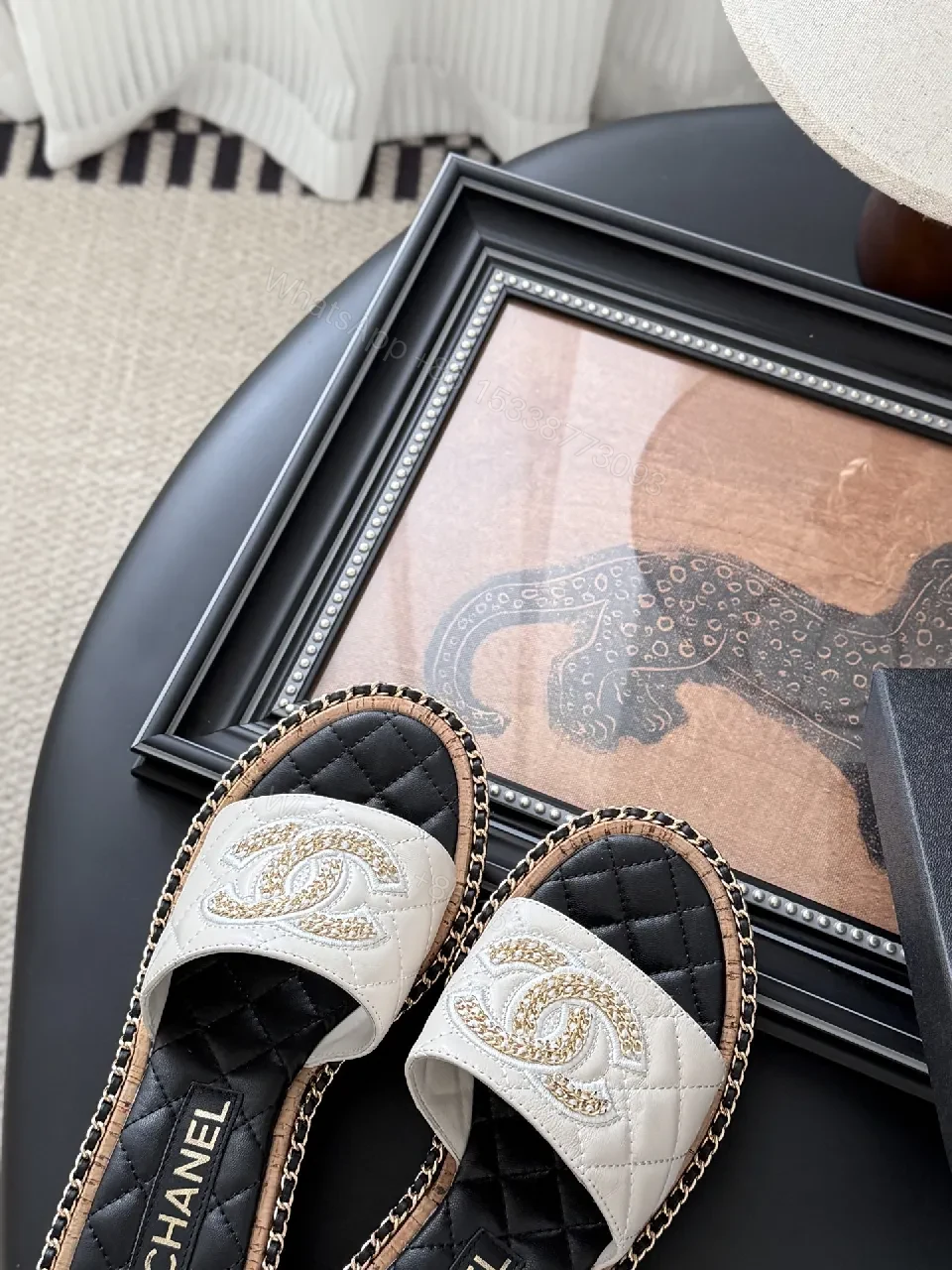 View 2 of Elegant Quilted Slide Sandals with Chain Trim