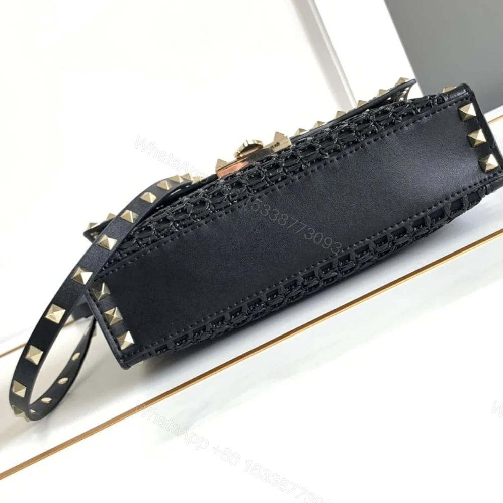 View 4 of VALENTINO GARAVANI ROCKSTUD SMALL RAFFIA SHOULDER BAG BLACK 22CM