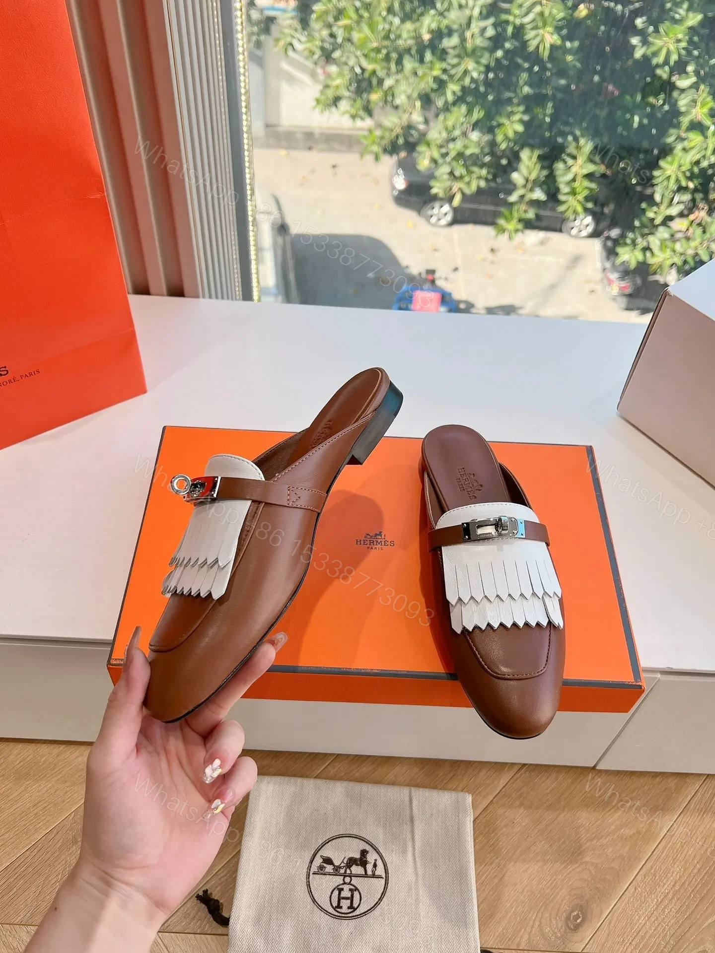 View 6 of Hermes Women Brown White Leather Fringe Mules