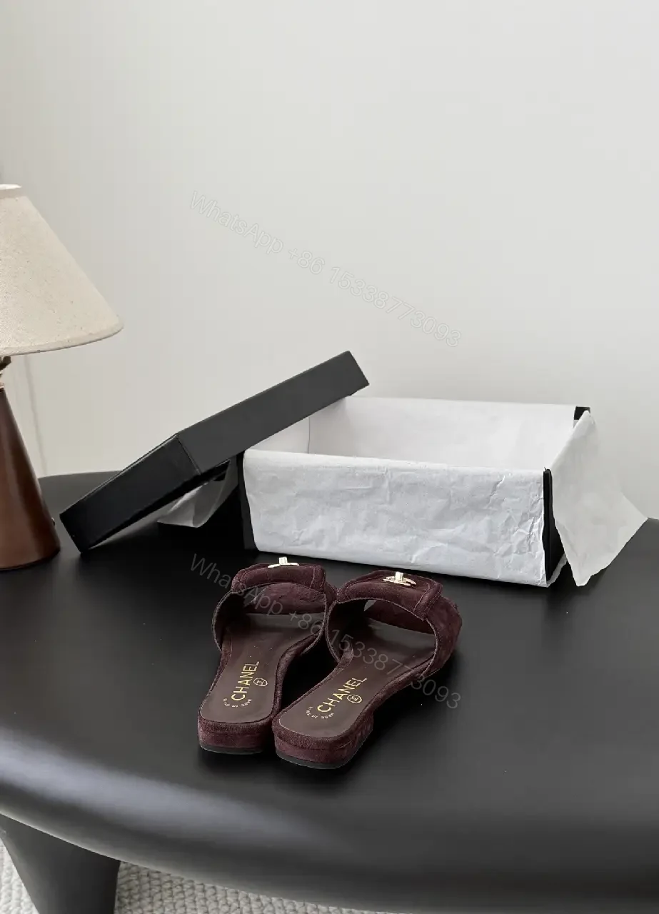 View 5 of Suede Mules with Gold Logo Hardware — Burgundy, Square-Toe, Cushioned Comfort