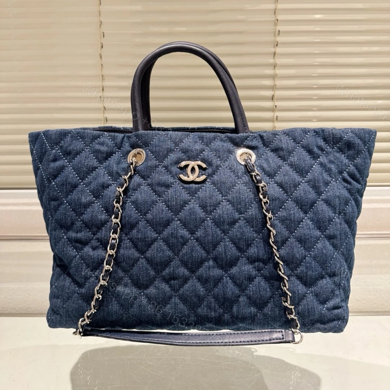 View 2 of CHANEL QUILTED LARGE COCO HANDLE SHOPPING TOTE DENIM BLUE 37CM
