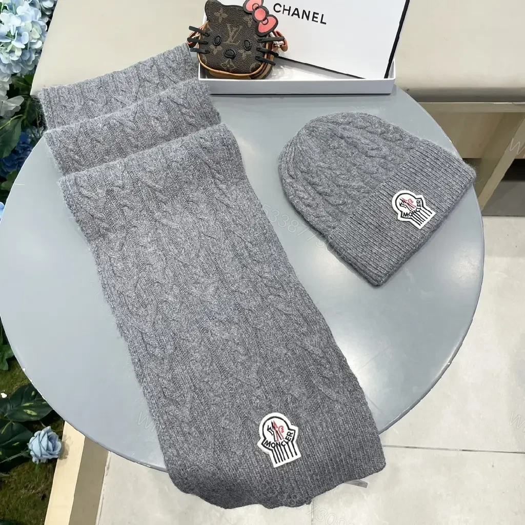 View 4 of Gray Cable-Knit Scarf & Beanie Set — Luxe Warmth, Subtle Moncler-Inspired Detail