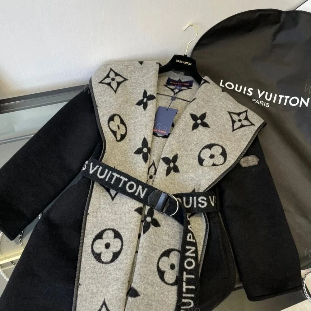 View 3 of Louis Vuitton Belted Double Sided Hooded Wrap Coat Black And Gray