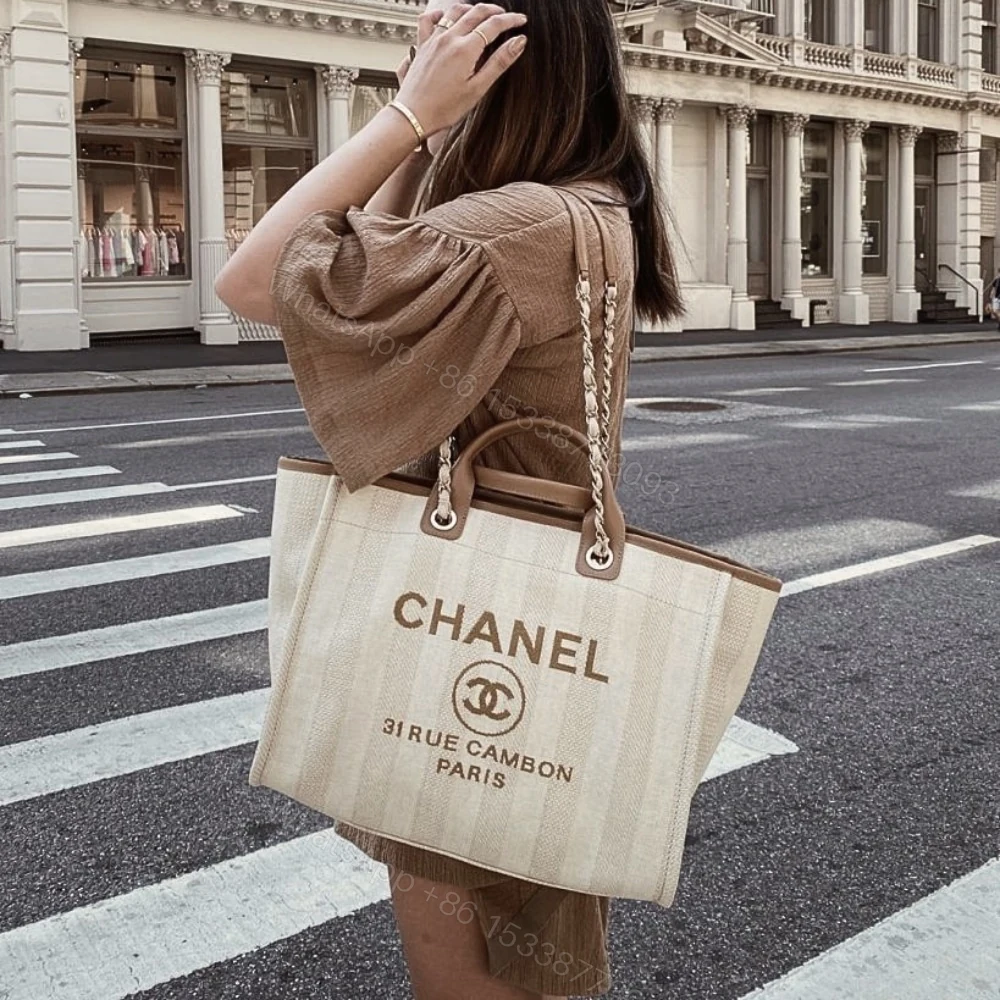 View 6 of Chanel Deauville Medium Tote Beige And Brown Canvas 38Cm