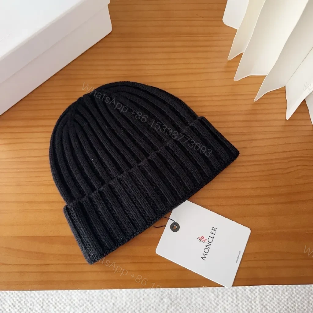 View 2 of Compact Knit Beanie with Moncler Patch - Black, Ribbed Style, Warmth