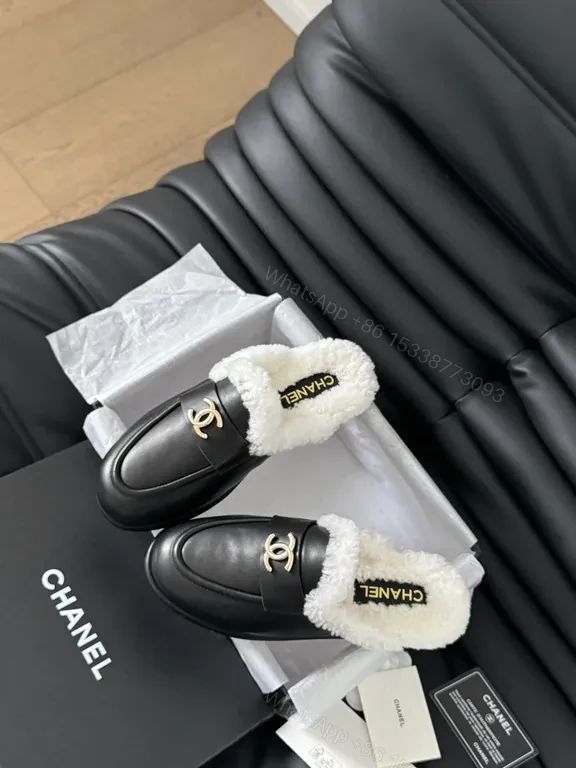 View 3 of Chanel-Inspired Black Leather Mules with Shearling Lining