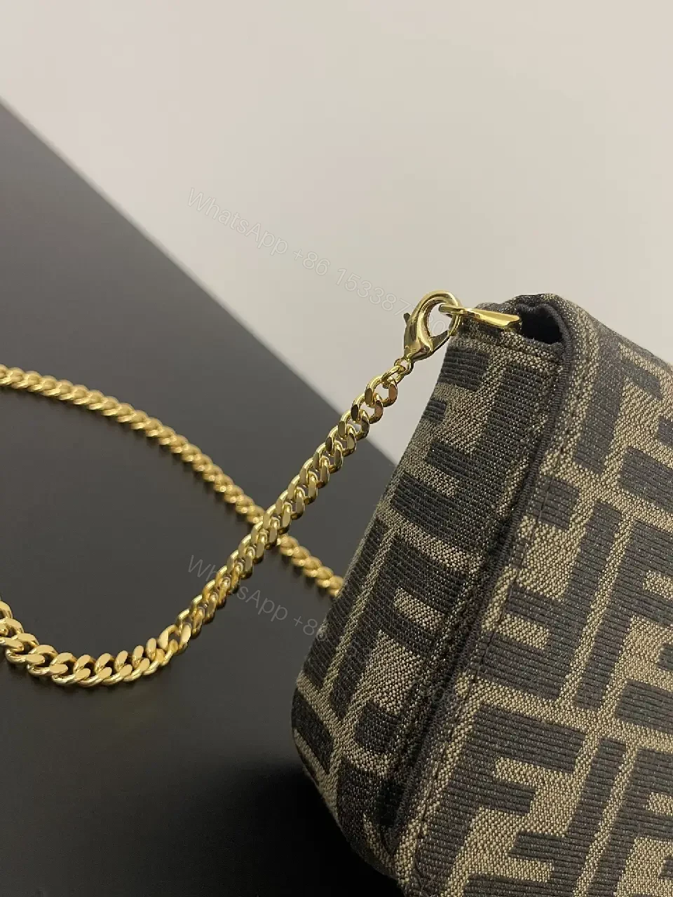 View 5 of Gray Coated Fabric Rectangular Shoulder Bag Bold Vertical Logo Clasp Product Type