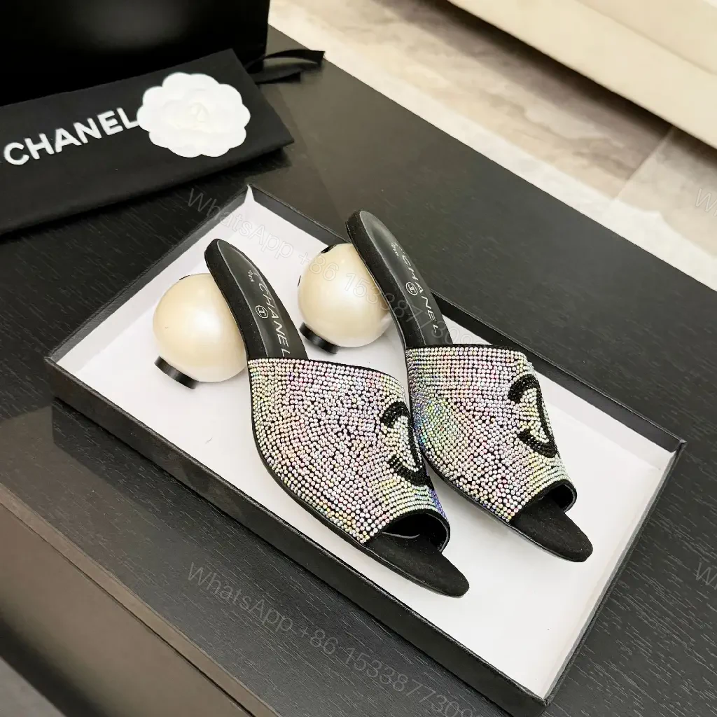 View 3 of Black Crystal-Embellished Satin Chanel Mules