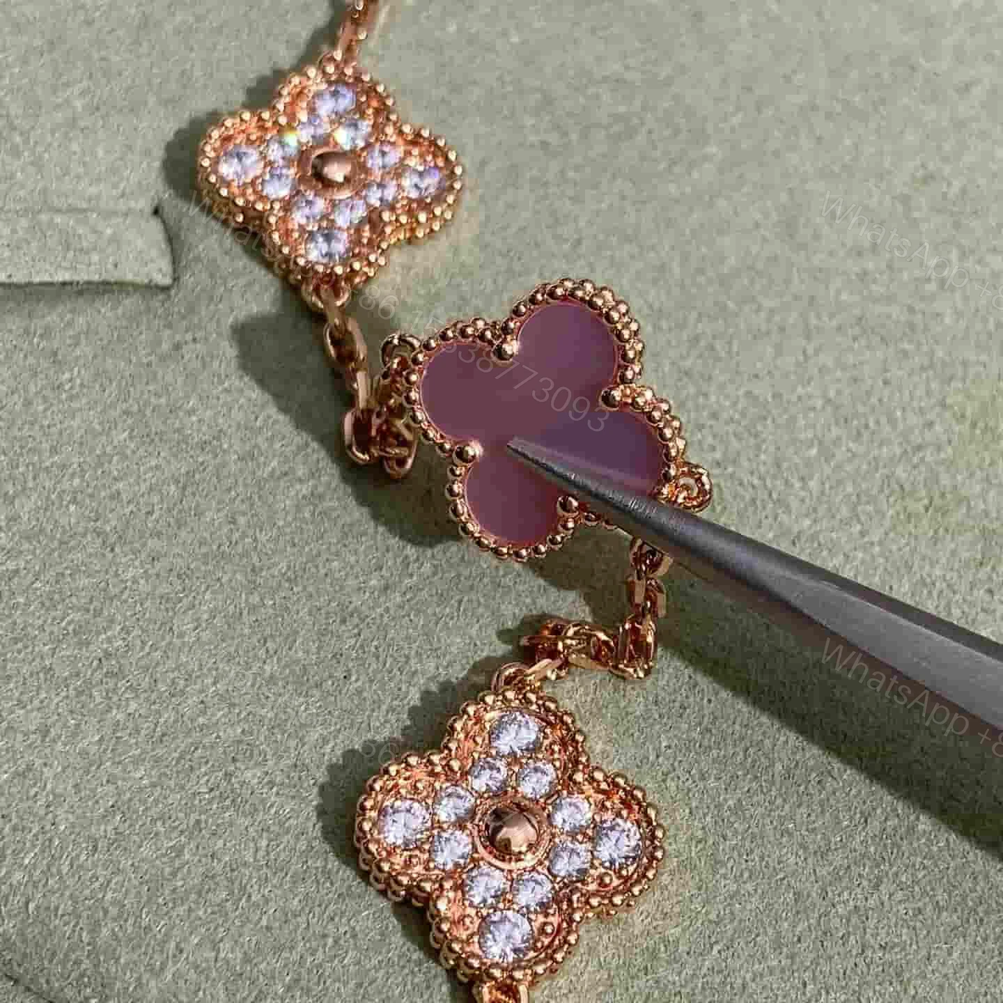 View 5 of VCA 18K Rose Gold Alhambra Necklace Pink Mother-Of-Pearl 10 Motifs Diamonds