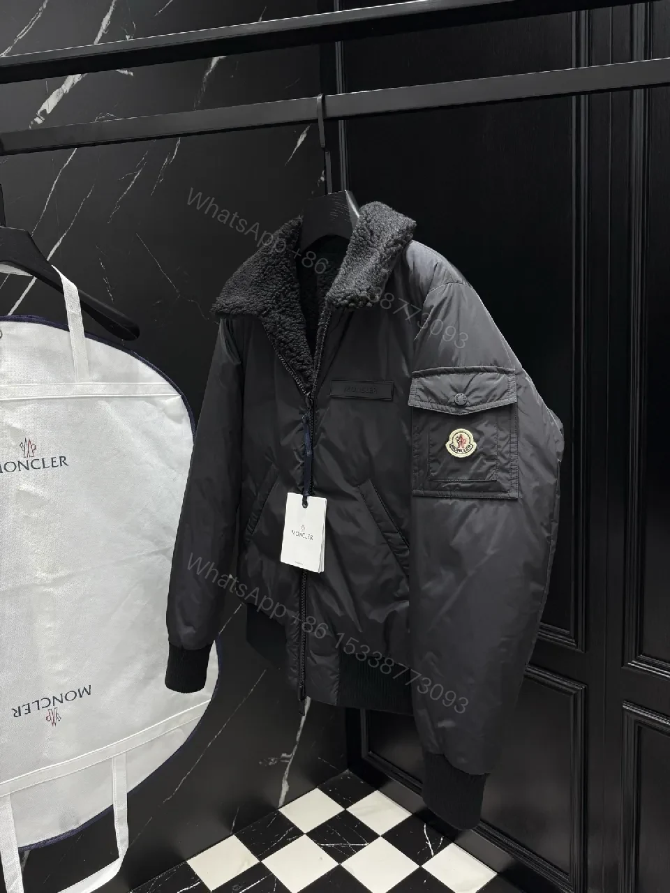 View 7 of Dark Nylon Bomber: Plush Sherpa Collar Jacket with Quilted Shell