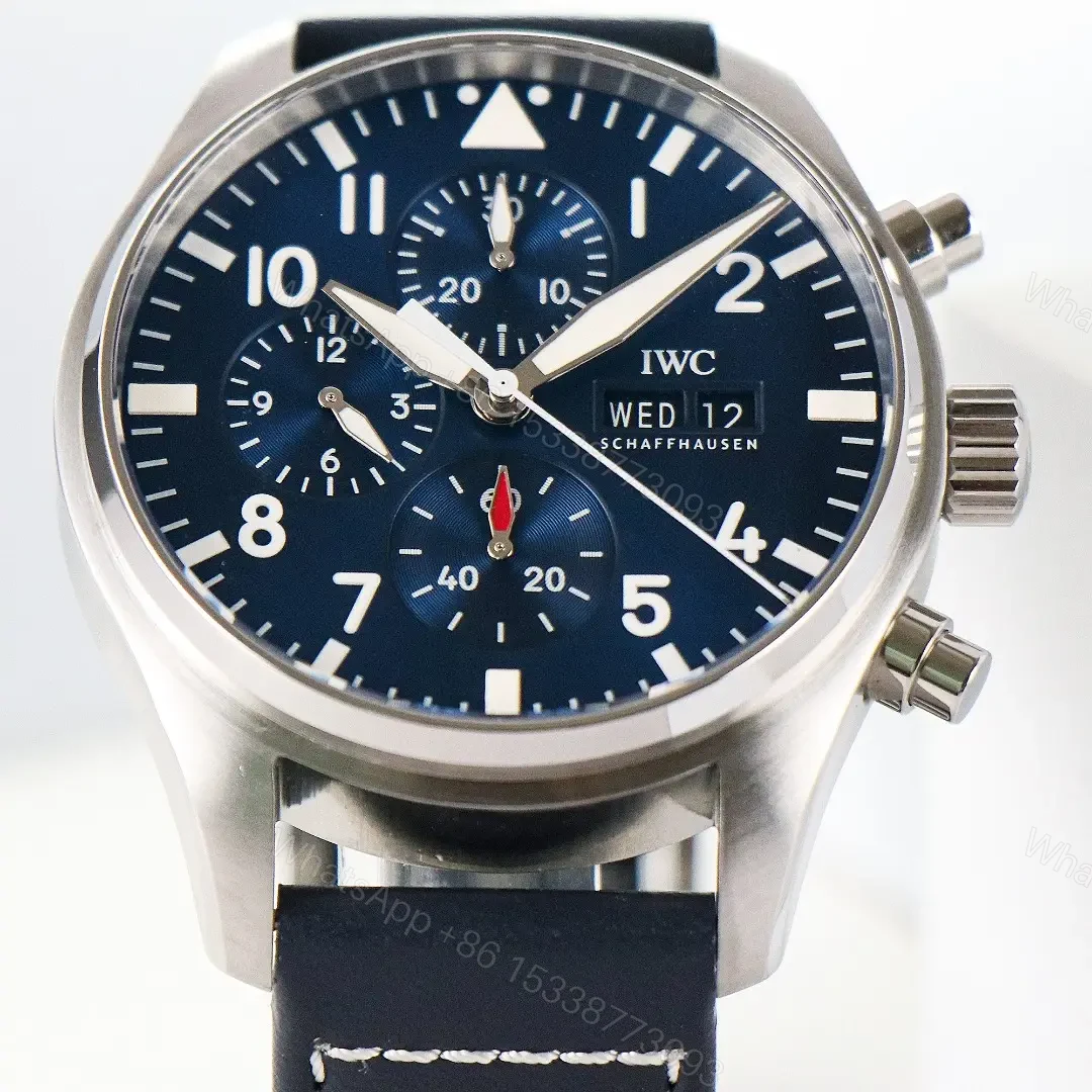 View 5 of IWC Pilot Chronograph Watch Blue Dial Black Leather Strap Ultimate 43MM IW378003