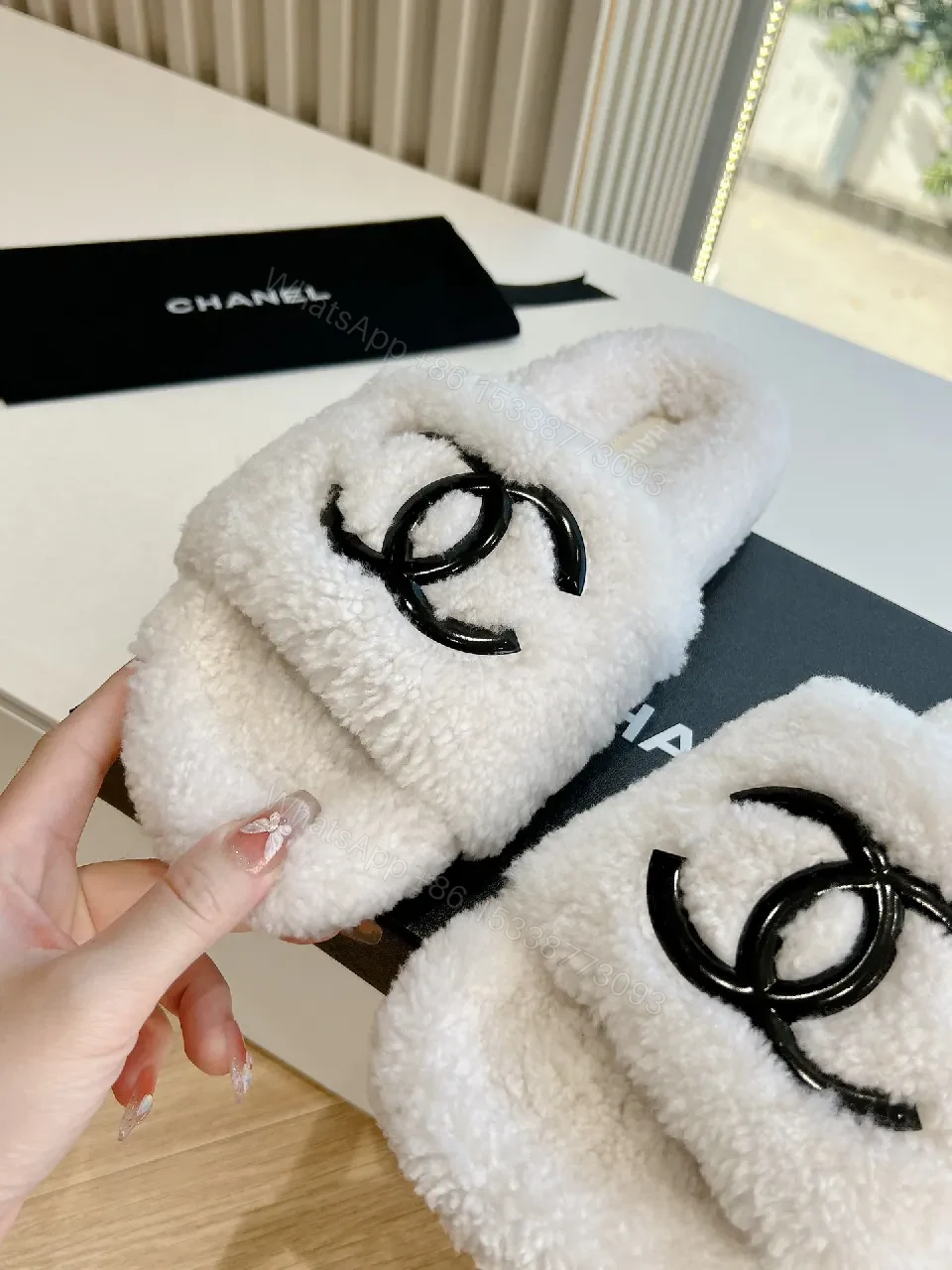 View 5 of White Fuzzy Slides with Logo Detailing, Luxe Comfort Slide