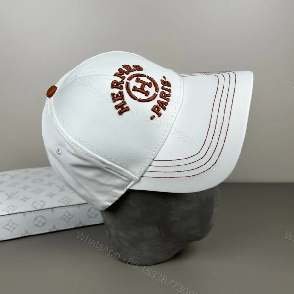 View 8 of White Cotton Cap + Embroidered Hermes Pattern + Modern Crown + Subtle Luxury + Cap