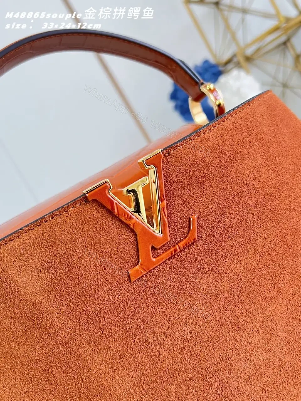 View 7 of Warm Tan Suede Shoulder Bag with Gold Hardware
