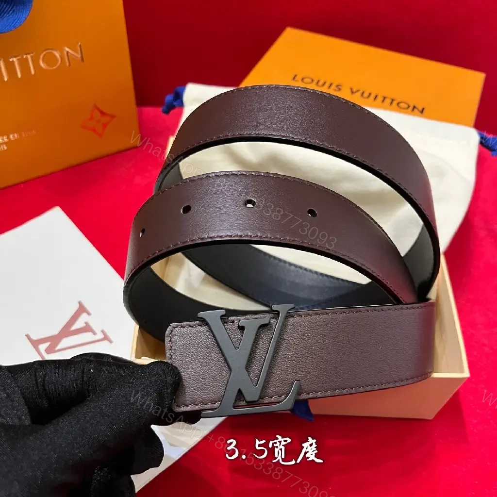 View 3 of Rich Brown Leather Belt with LV-Inspired Buckle