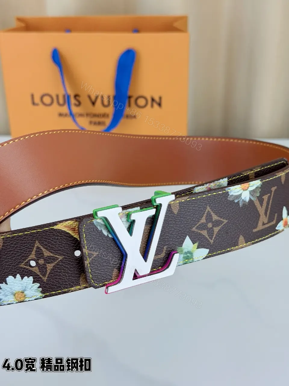 View 2 of Floral-Accent Canvas Belt with Luxe Buckle, Unisex