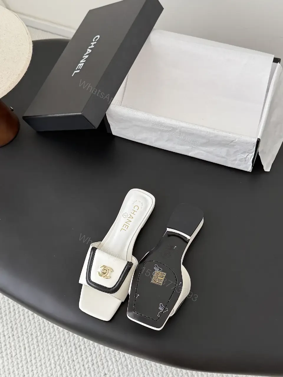 View 4 of White Leather Mules - Gold Logo Hardware, Open-Back Square Toe