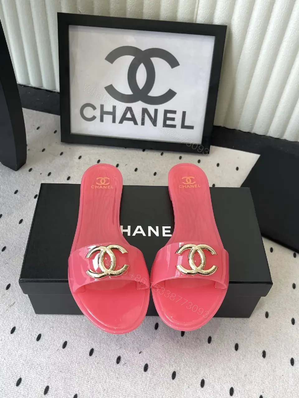 View 10 of Pink Plastic Slide Sandals Gold Logo Chanel Style Luxury Comfort Sandals