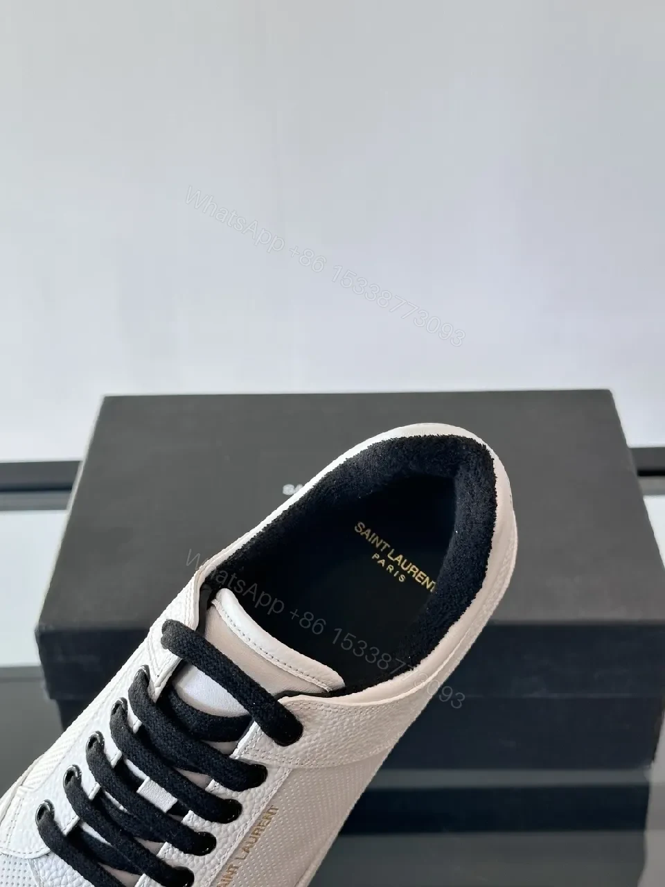 View 8 of White Leather Sneaker with Black Accents — Minimalist Luxury Sneaker
