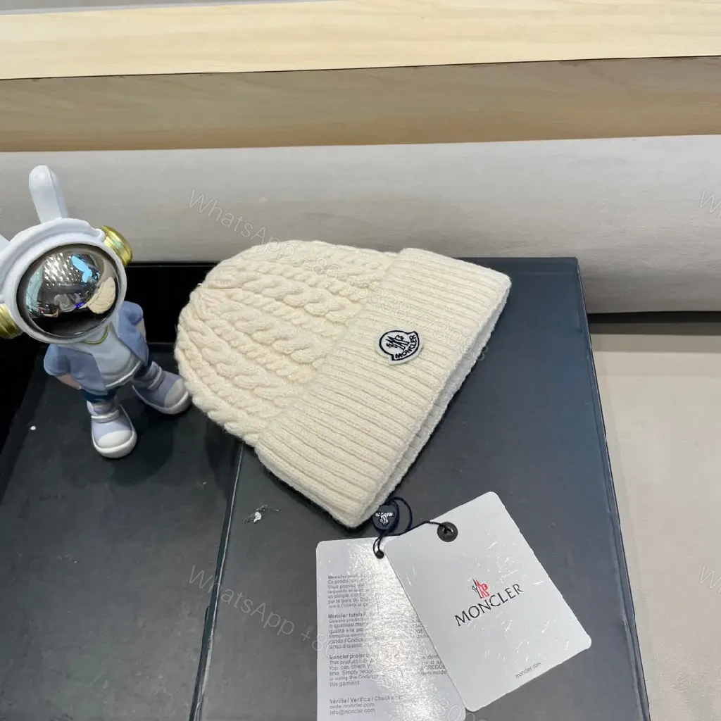 View 6 of Cream Knit Beanie | Wool Blend | Cable Knit | Moncler Emblem Gifted Luxury