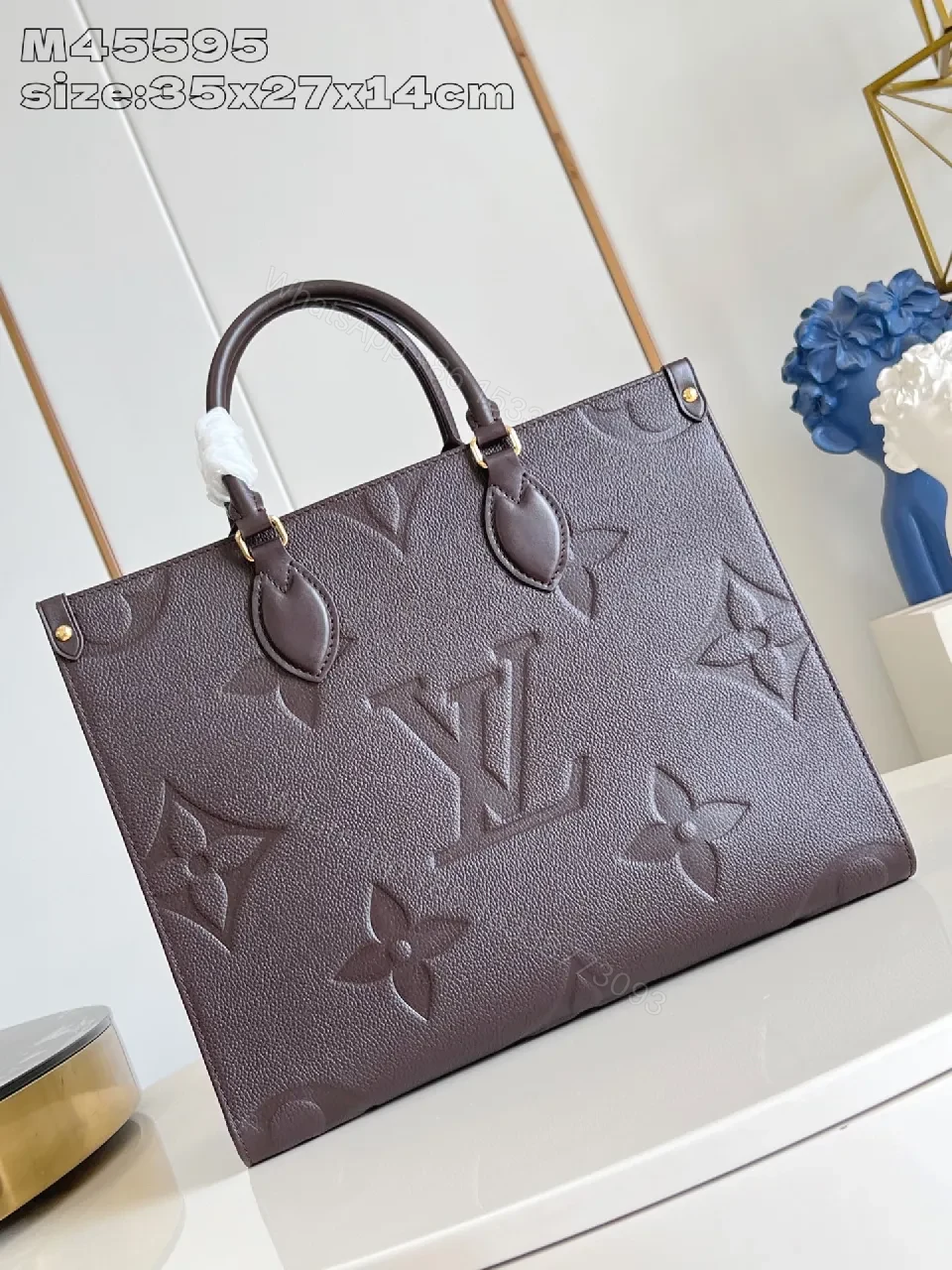 View 5 of Structured Monogram Tote: Textured Leather, Gold Accents, Designer-Inspired Tote
