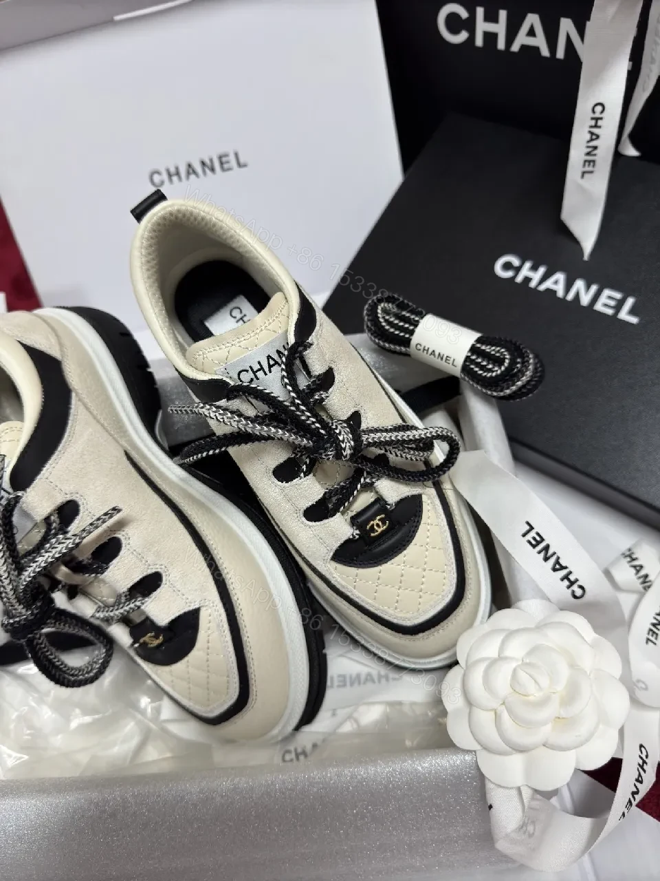 View 5 of Beige Leather-Trim High-Top Trainers: Luxury Comfort