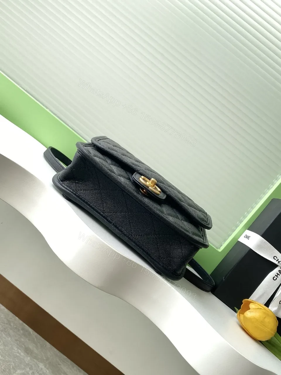 View 7 of Black Leather Quilted Crossbody Bag: Gold Hardware, Structured Style