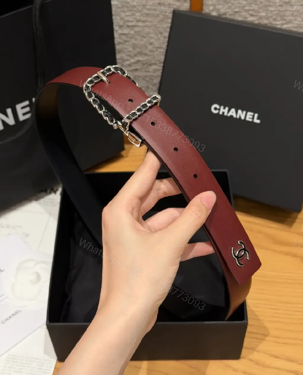 View 7 of Black Leather Belt - Silver Buckle, Chain-Link, Chanel-Style Logo