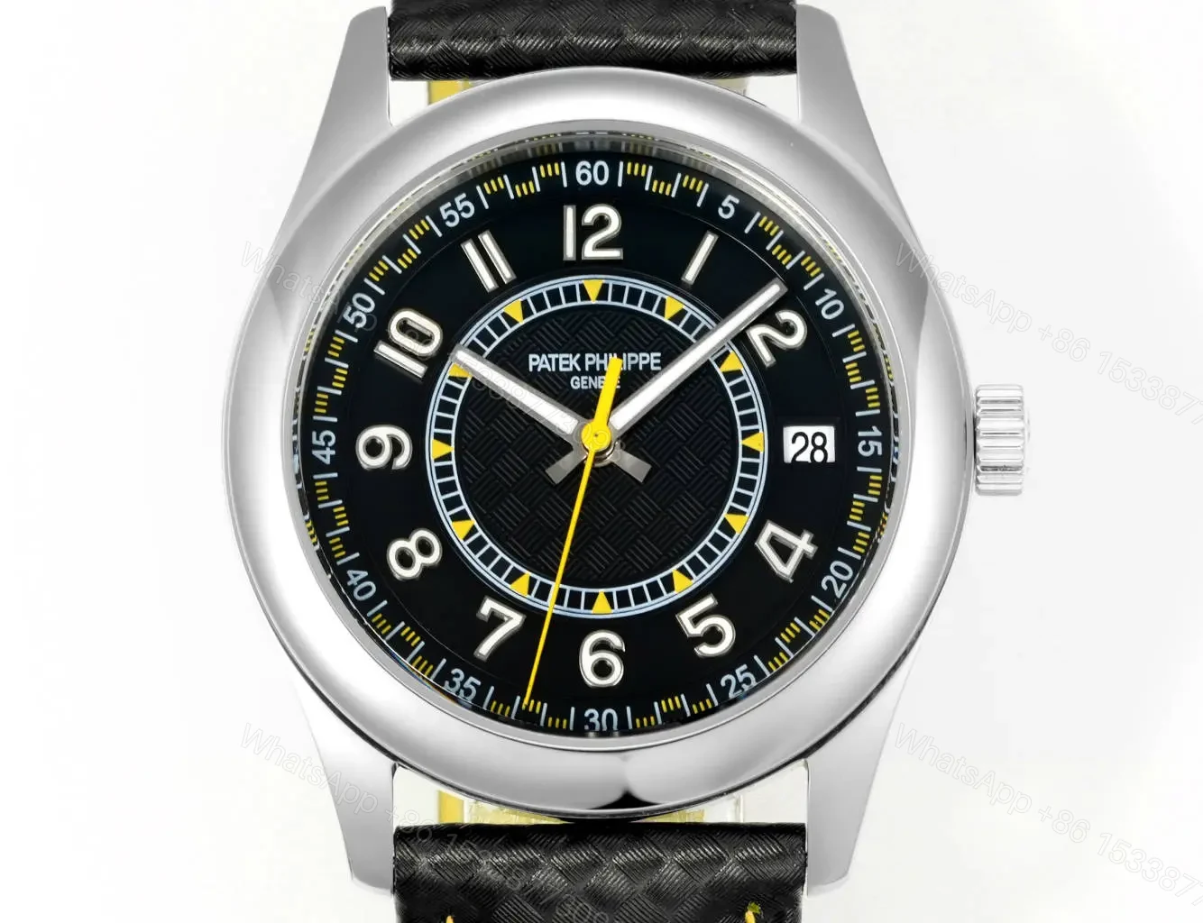 View 2 of Patek Philippe Calatrava Black Dial Stainless Steel Watch with Black Leather Strap Yellow Accents