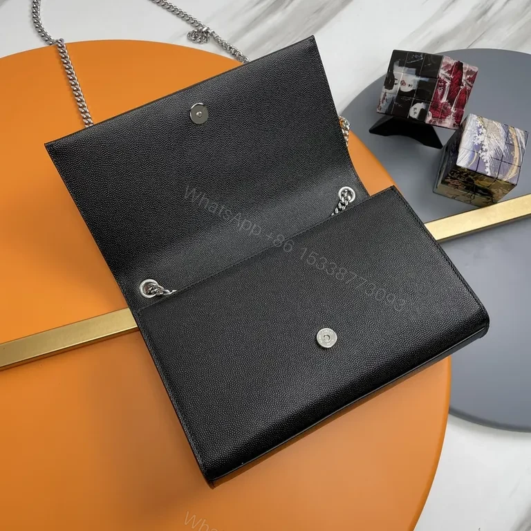 View 6 of Chic Black Leather Clutch: Silver YSL-Inspired Emblem, Chain