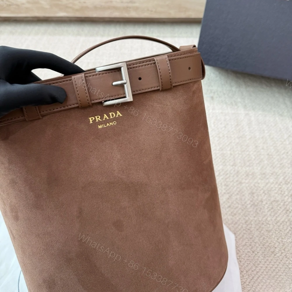View 3 of Prada Suede Buckle Bucket Bag With Belt Brown 28Cm