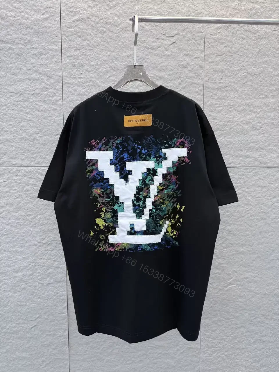 View 7 of Black Cotton Oversized Tee with LV Logo Embroidery