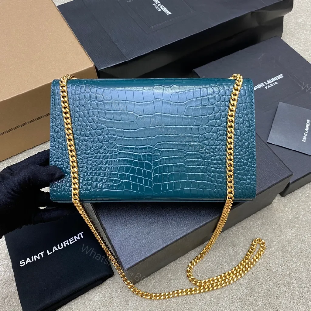 View 9 of Teal Croc-Texture Evening Bag with Gold Monogram Clasp