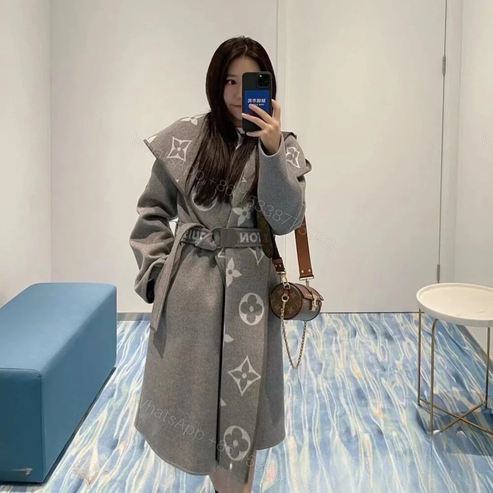 View 8 of Louis Vuitton Belted Double Sided Hooded Wrap Coat Gray 1A92VF