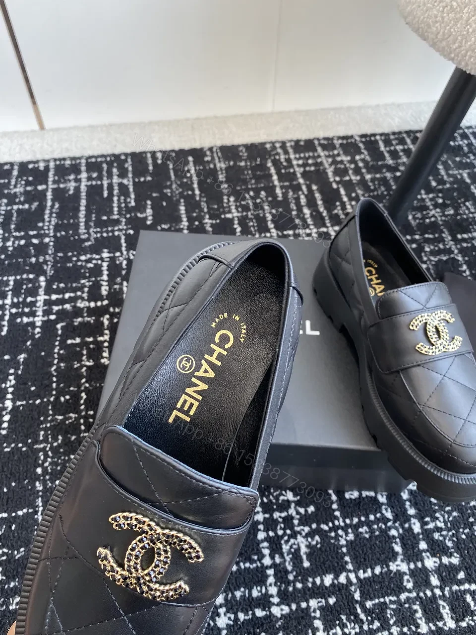 View 6 of Quilted Leather Loafer Black with Gold Emblem Luxury Comfort