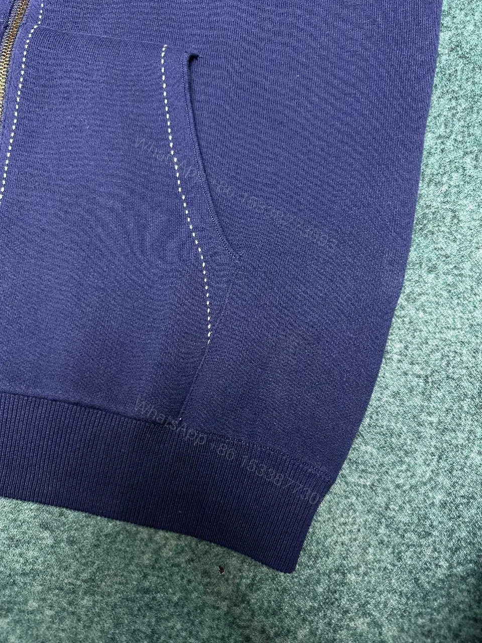 View 7 of Navy Velour Zip Hoodie - Luxury LV-Inspired Detail