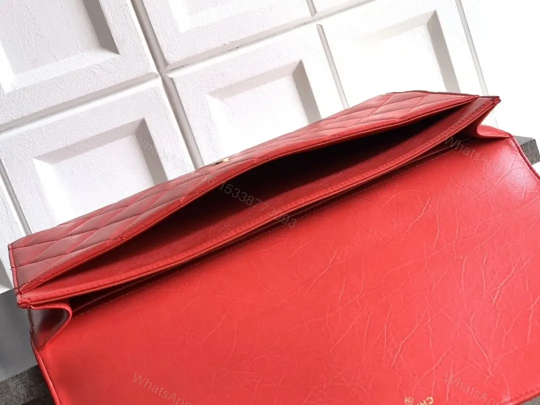 View 8 of Bold Red Quilted Leather Clutch, Gold Hardware, Envelope Style