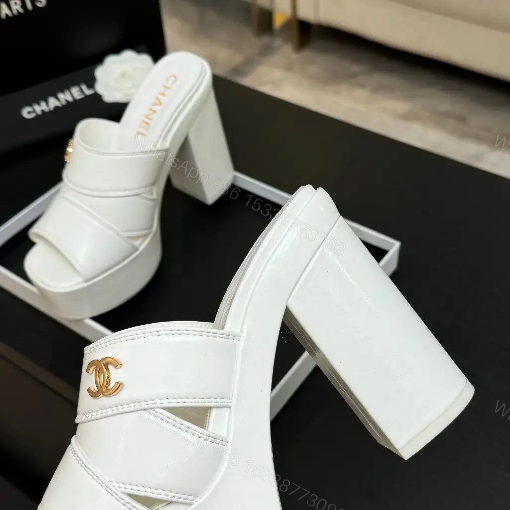 View 8 of White Patent Platform Mules, Chunky Heel, Triple-Strap Style
