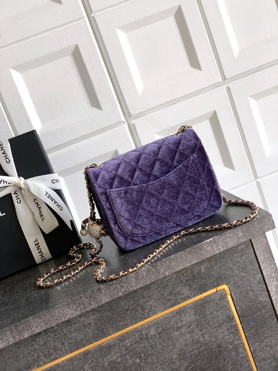 View 8 of Purple Velvet Quilted Shoulder Bag with Gold Hardware