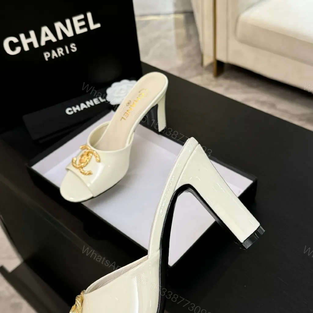 View 2 of Patent Leather Mules – Ivory, Open-Toe, Gold Emblem, All-Day Comfort