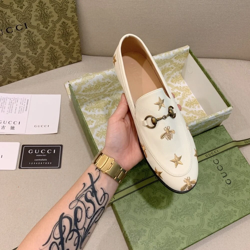 View 3 of Gucci Jordaan Embroidered Bee And Starleather Loafer White